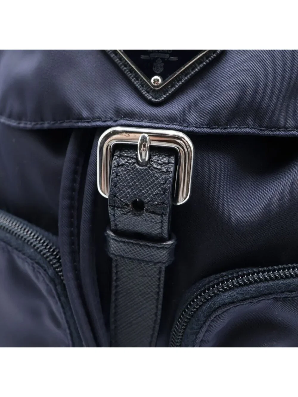 Prada Tessuto Nylon Logo Triangle Plate Backpack Navy Silver